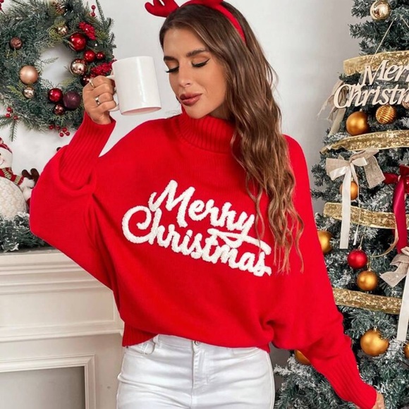 Christmas Pattern Turtleneck Batwing Sleeve Sweater